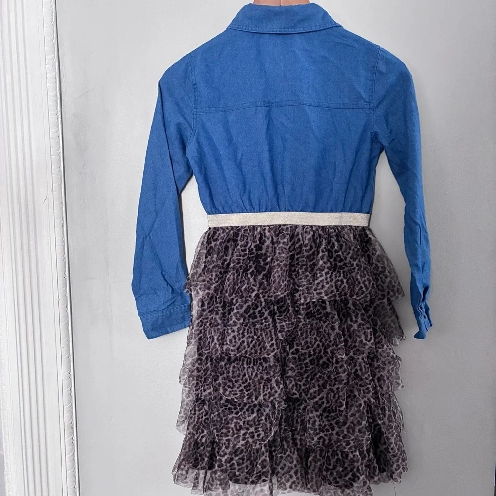 Rare Editions Blue Denim and Leopard Print Dress Sz 14